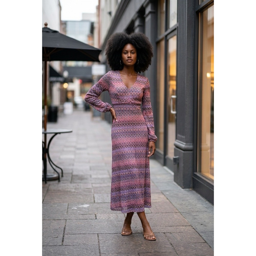 Altar'd State Purple Pink Chevron Zig Zag Knit V-Neck Maxi Dress XS
